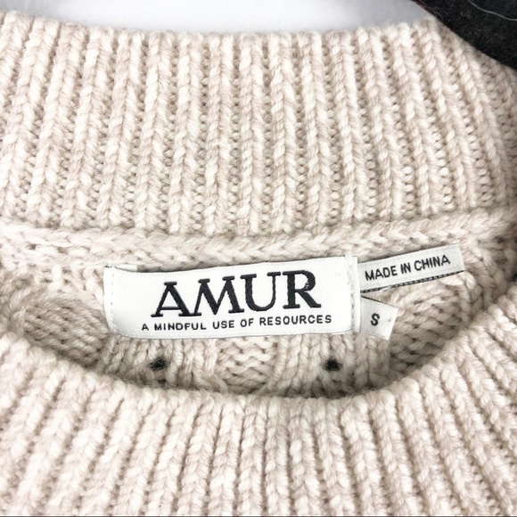 Amur Ulla Fringe Cable Merino Wool Round Neck Sweater Small Cream Pink Winter - Picture 5 of 6